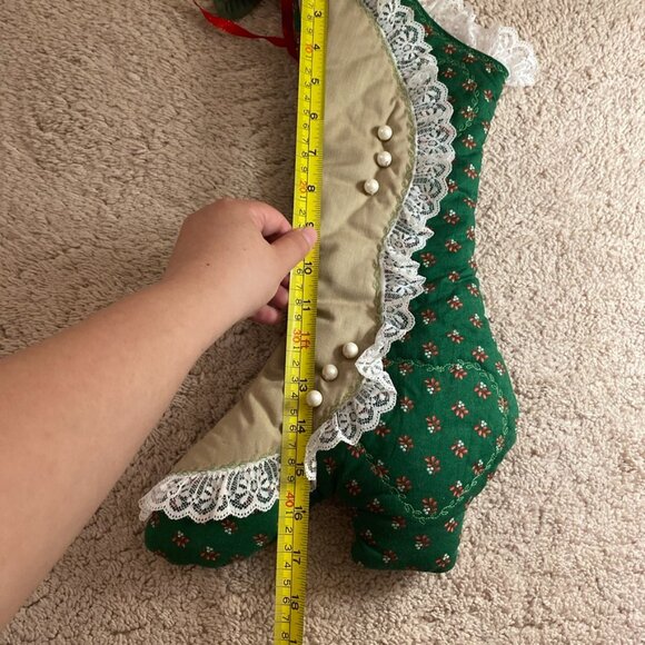 Vintage Victorian High Heel Shoe Boot Christmas Stocking Hand Made Green 17.5” - Picture 8 of 8